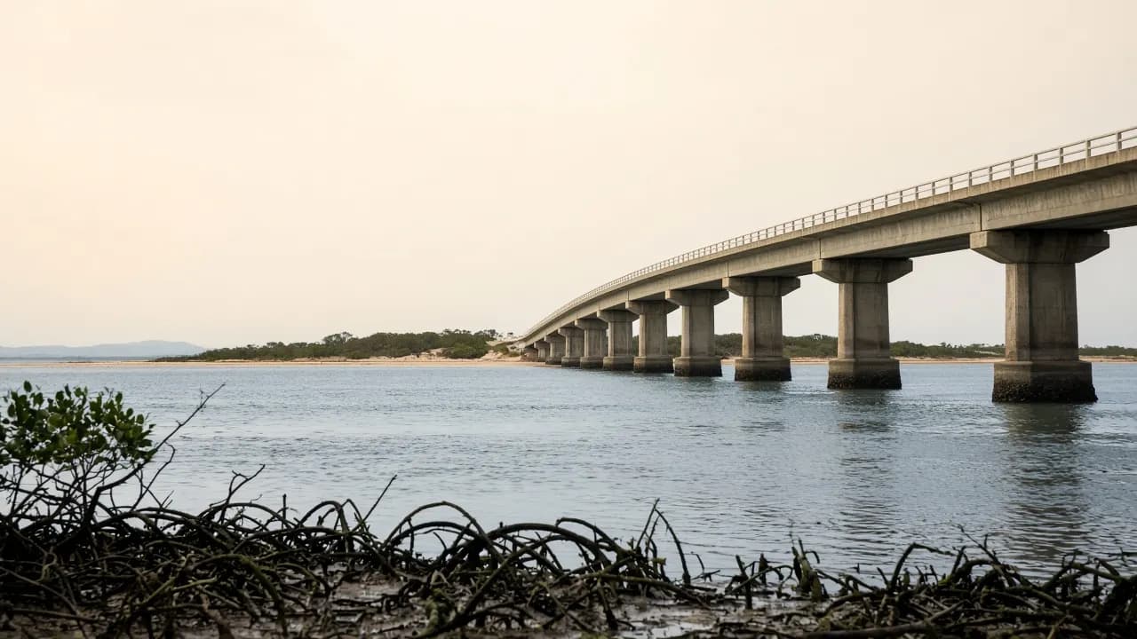 Road bridge crossing Pumicestone Passage toward Bribie Island