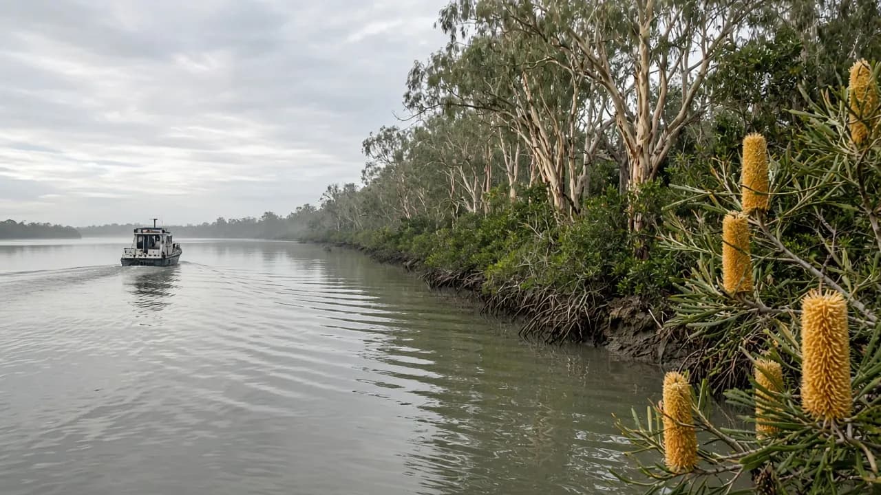 Calm passage water and mangrove edge used for fishing around Bribie Island
