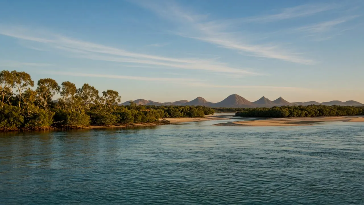 Calm Pumicestone Passage water, mangroves and distant hills beside Bribie Island